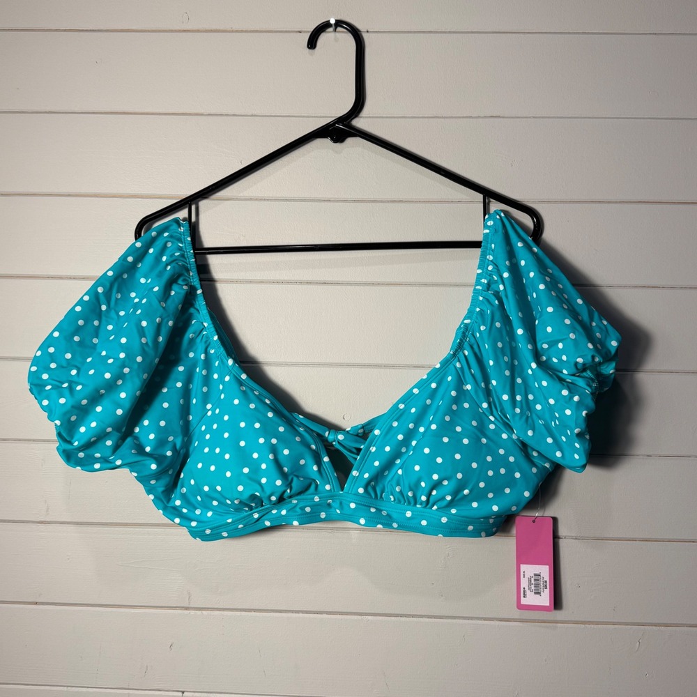 Ninety-Nine Teal Polka‎ Dot Puff Sleeve Bikini Swim Top XL New! Boho Trendy